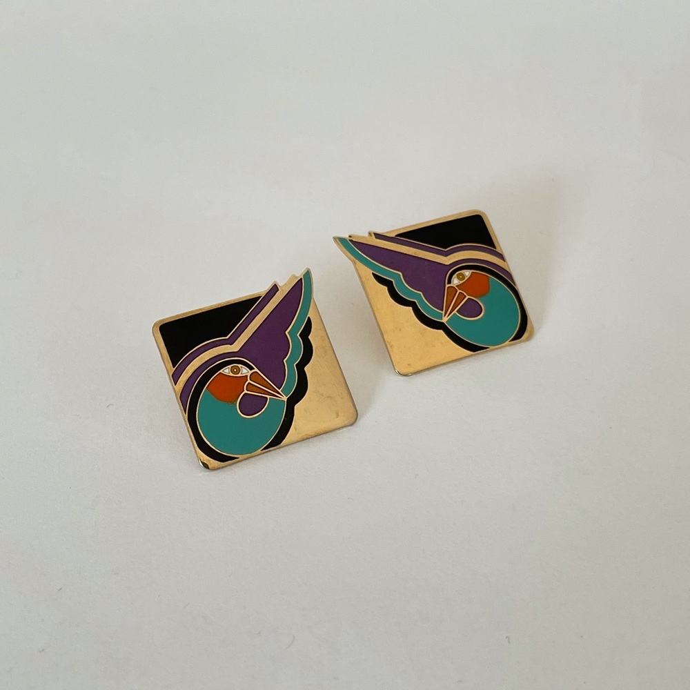 Vtg 80’s Laurel Burch SHABIRD Gold/Enamel Earrings